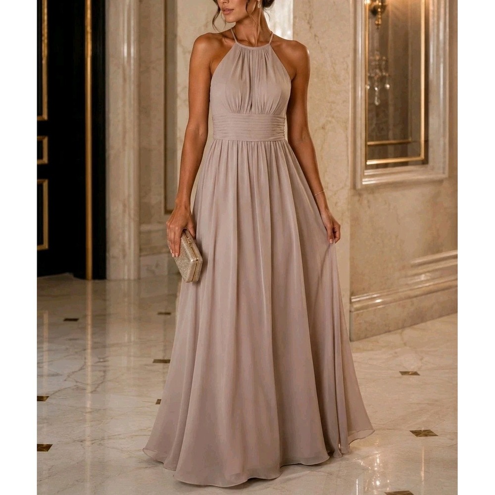 Azazie Bonnie Taupe Bridesmaid Maxi Dress A12 NWT Formal Halter Gown Prom